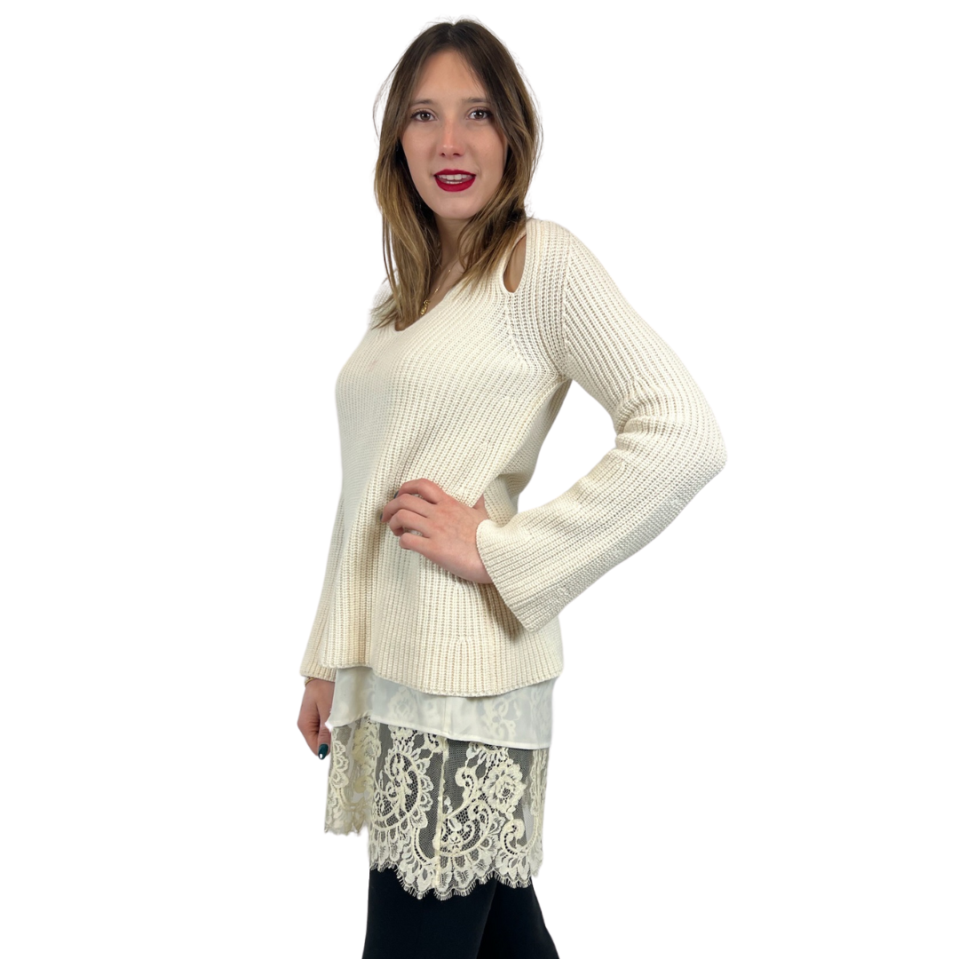 TWIN SET Maglione panna lungo con pizzo