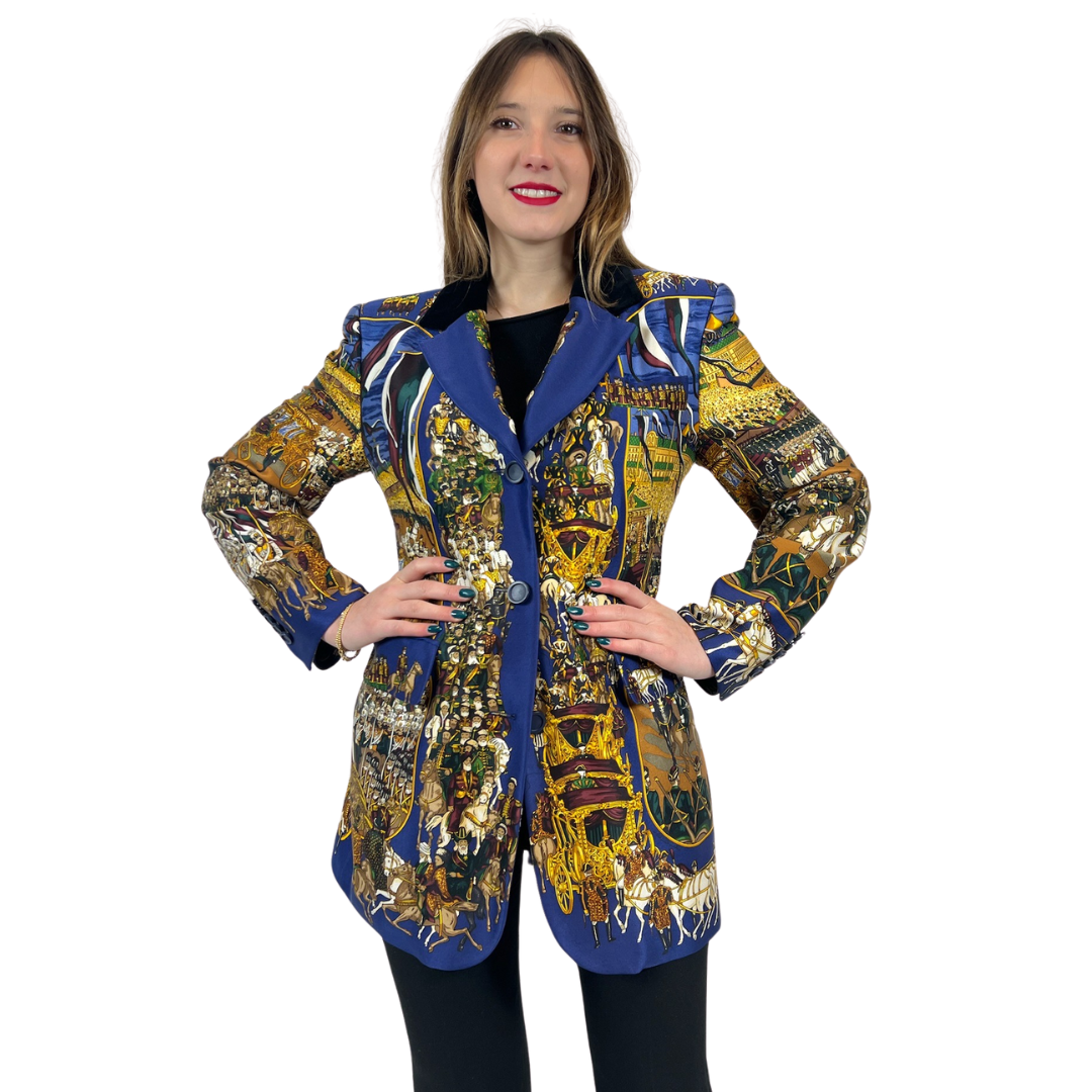 HERMES Blazer lungo in seta stampata blu