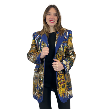 HERMES Blazer lungo in seta stampata blu