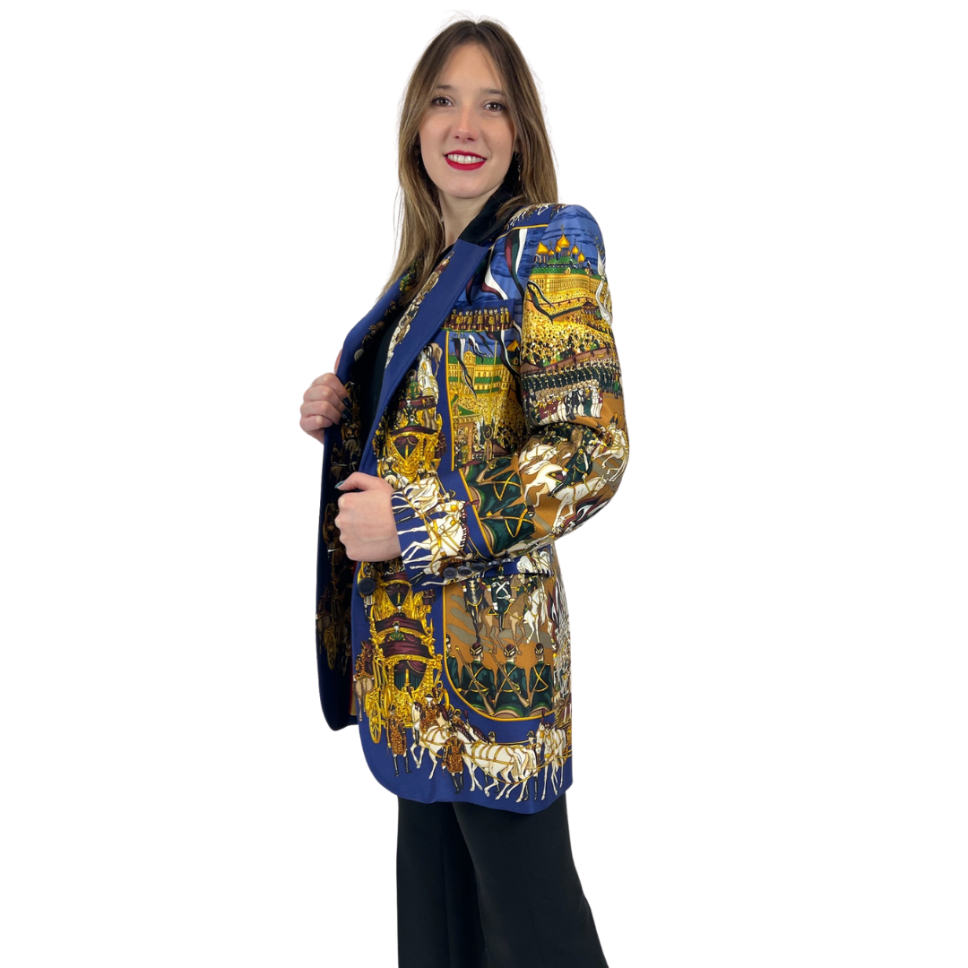 HERMES Blazer lungo in seta stampata blu