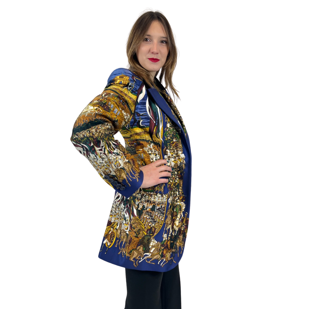 HERMES Blazer lungo in seta stampata blu