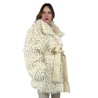 SHERPA Maxi cardigan panna finiture in rilievo