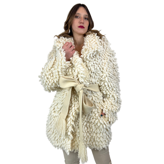 SHERPA Maxi cardigan panna finiture in rilievo