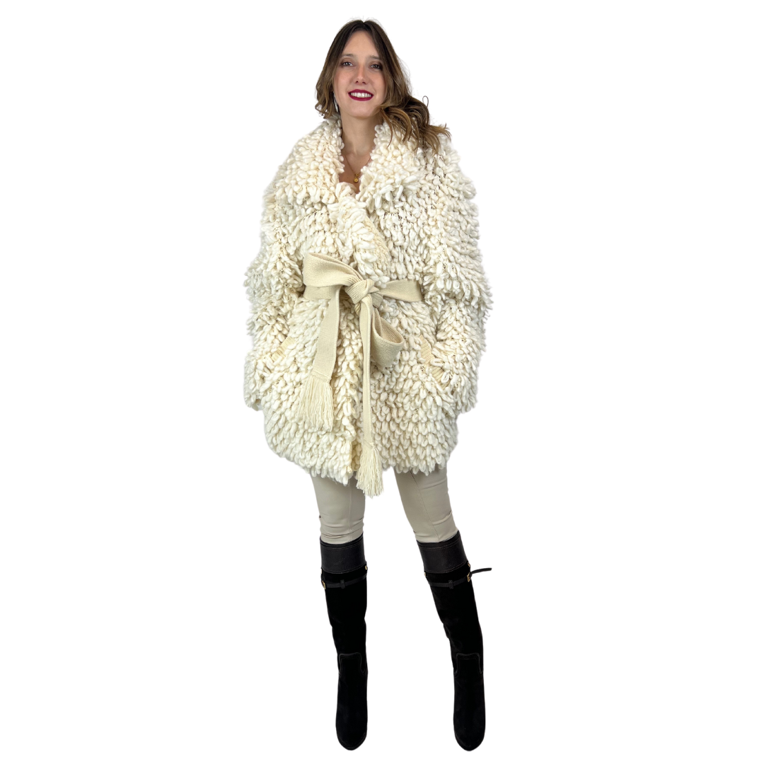 SHERPA Maxi cardigan panna finiture in rilievo