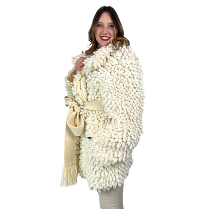 SHERPA Maxi cardigan panna finiture in rilievo