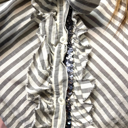Aglini Camicia lunga in cotone a righe bianche e grigie, collo alla coreana con nastro, rush con paillettes argento centrali